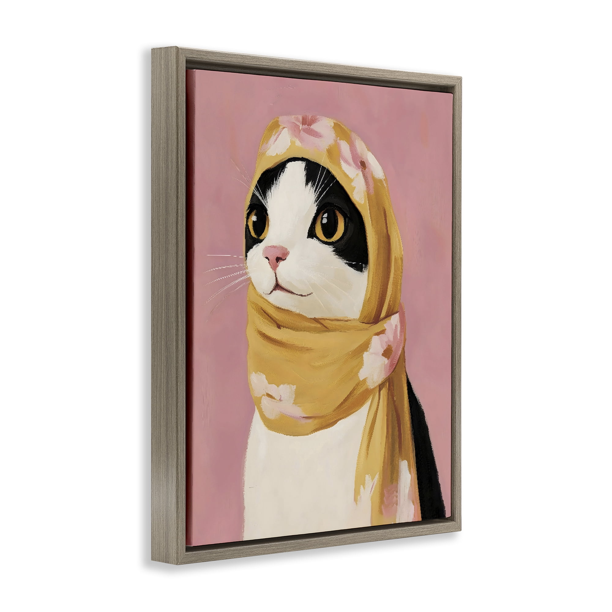 Stupell Industries Cat Babushka in Yellow Scarf Brown Framed Floater Canvas Wall Art, design by The Prints Vibe