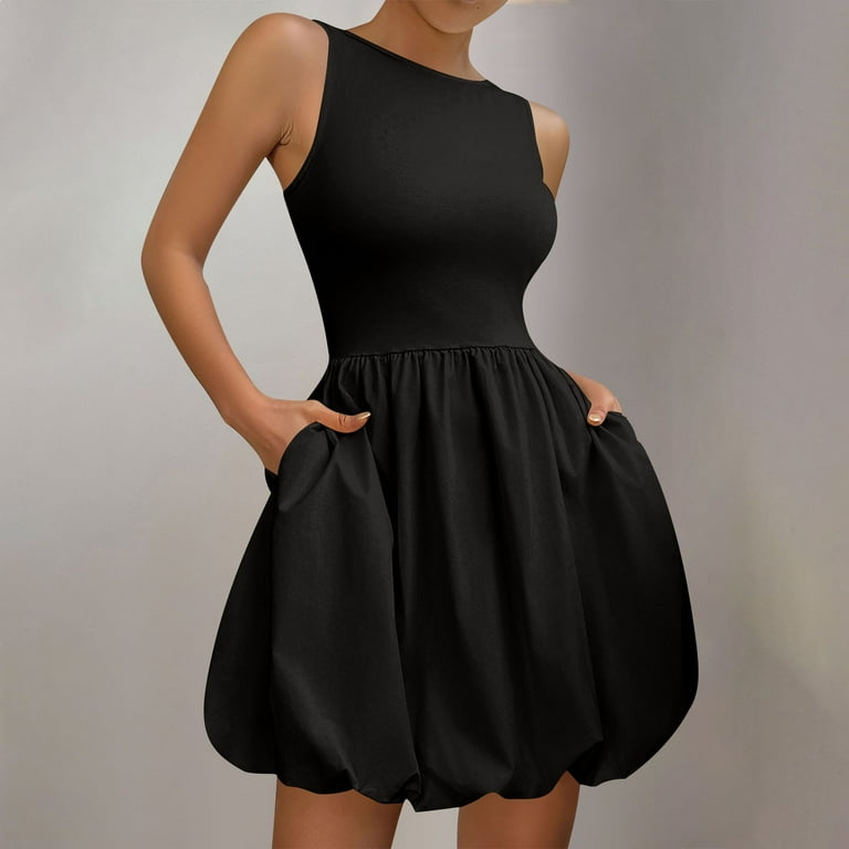 WHLBF Dress for Women Plus Size Sleeveless Round-Neck Solid Pocket Short Mini Dresseses Black L, Women's, Size: Large WHLBF Dress for Women Plus Size Sleeveless Round-Neck Solid Pocket Short Mini Dresseses Black L, Women's, Size: Large