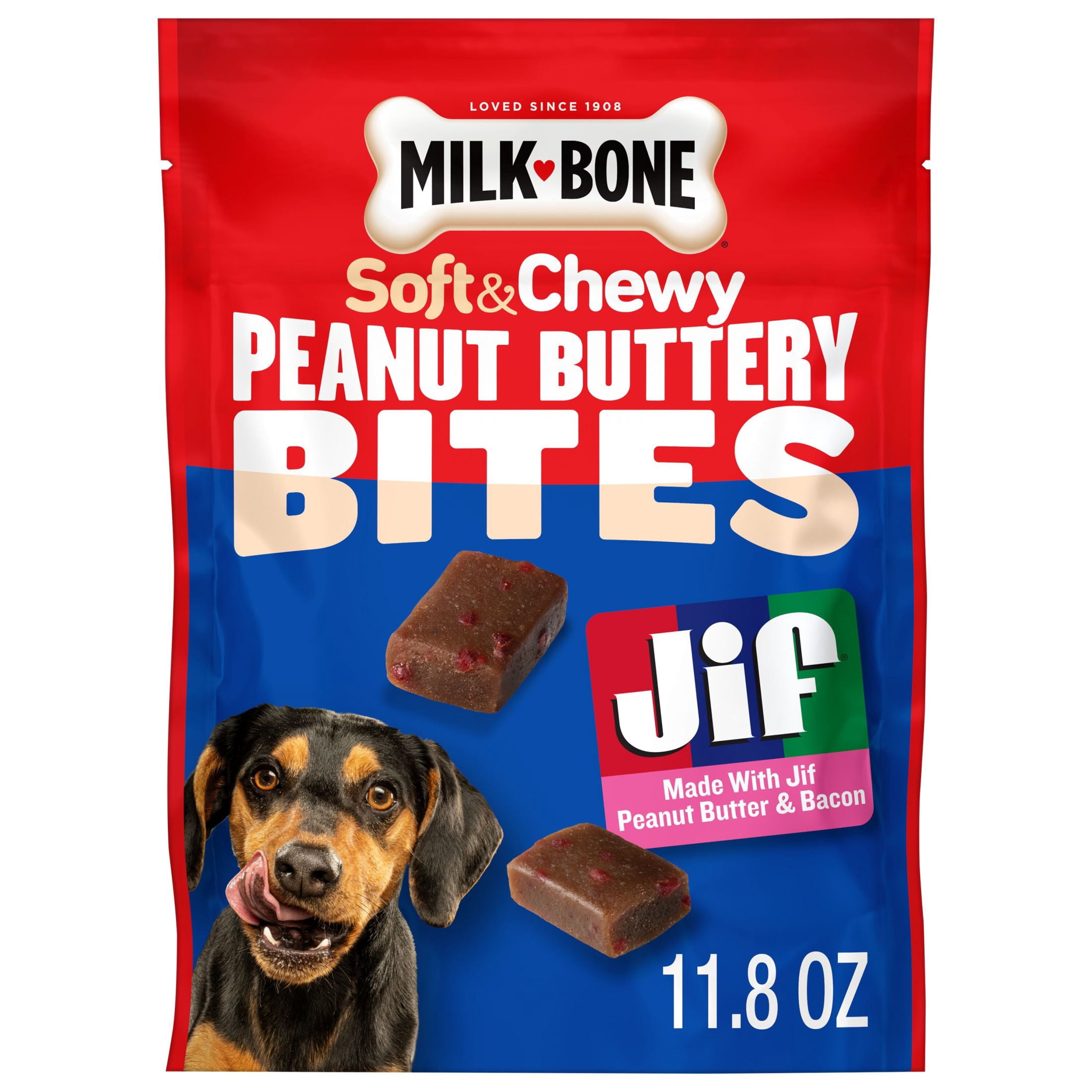 (24 pack) Milk Bone Peanut Buttery Bites, Soft Dog Treats With Jif Peanut Butter & Real Bacon, 11.8 oz Bags