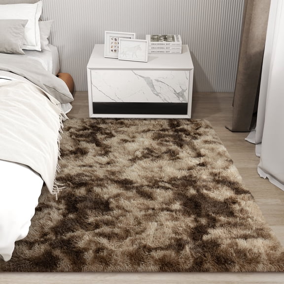 Janvonne Soft Fluffy Rug for Entryway, 4x6ft Plush Fuzzy Non-Slip Easy-Clean Carpet for Living Room Bedroom, Tie-Dye Brown