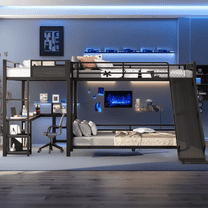 L-Shaped Metal Triple Bunk Bed with Slide, Full over Queen & Twin XL Loft with Desk, Space-Saving 3-Tier Bed for Teens, Black