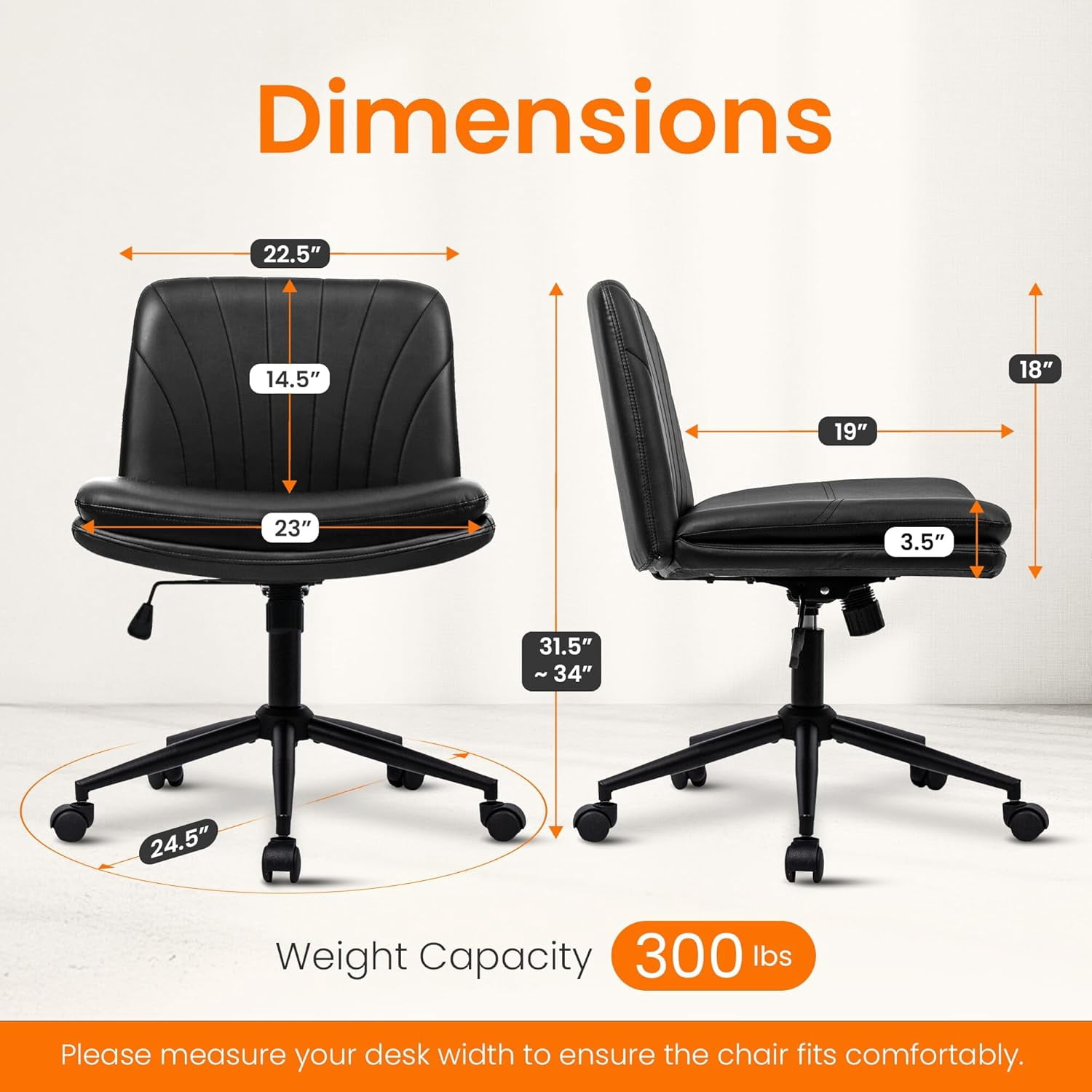 NEO CHAIR Criss Cross Chair with Wheels Armless Cross Legged Office Desk Wide Comfy Vanity Makeup Chair Adjustable Swivel Rolling Computer for Home Office PU Leather (Black)