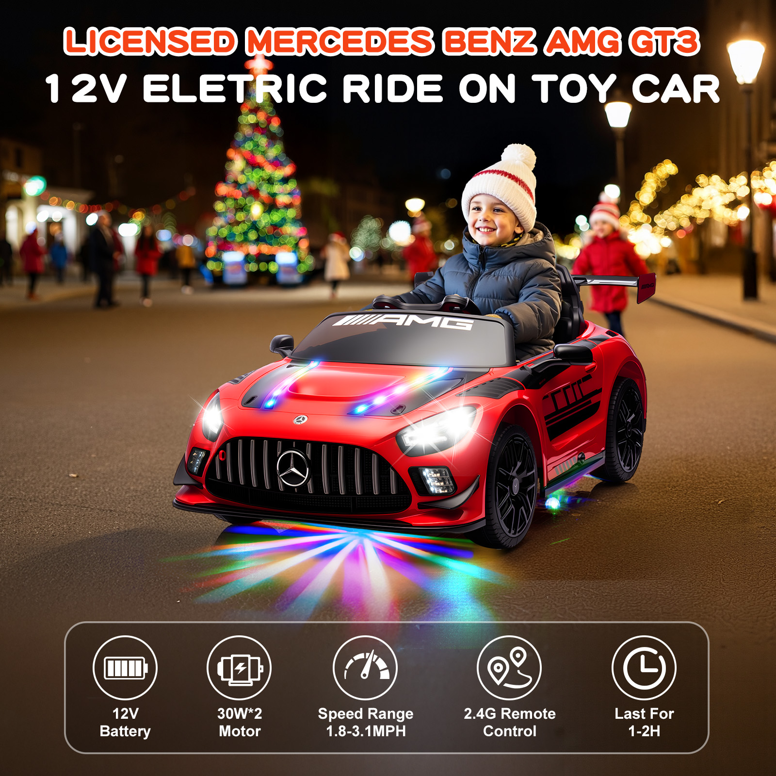 MUKIDY 12V Licensed Mercedes-Benz AMG GT3 Electric Ride on Car Toy for Toddler Kid w/ Remote Control, LED Lights, MP3 Player, Orange