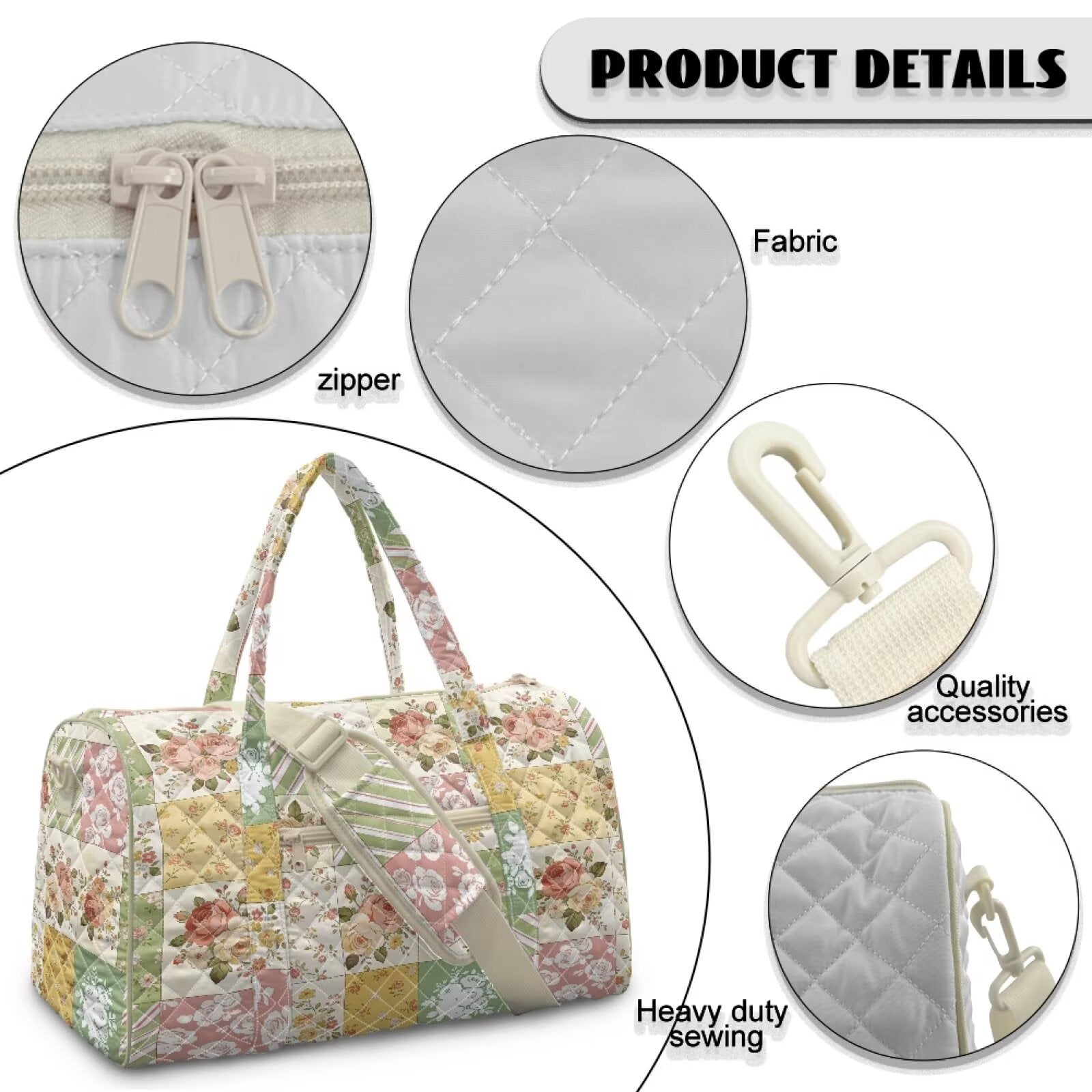 Garronmavis Large Floral Patchwork Quilted Duffle Bag for Women, Weekender Bag Travel Carry On Bag, Cute Overnight Gym Dance Tote with Luggage Sleeve, Zipper Pockets