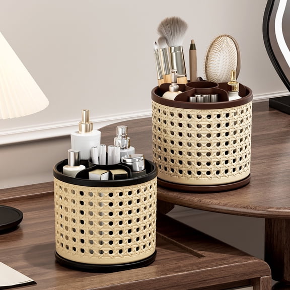 Rotating Rattan Texture Desk Organizer with Divided Compartments for Pens, Makeup Brushes, Lipsticks and Vanity Storage, Large Capacity Plastic Holder, 4.7 in Diameter
