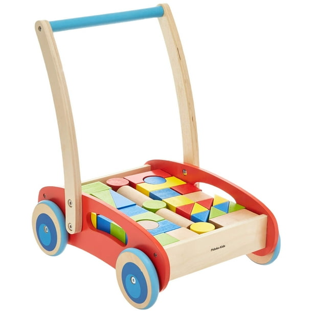 Pidoko Kids Block and Roll Cart Wooden Push and Pull Toy Activity