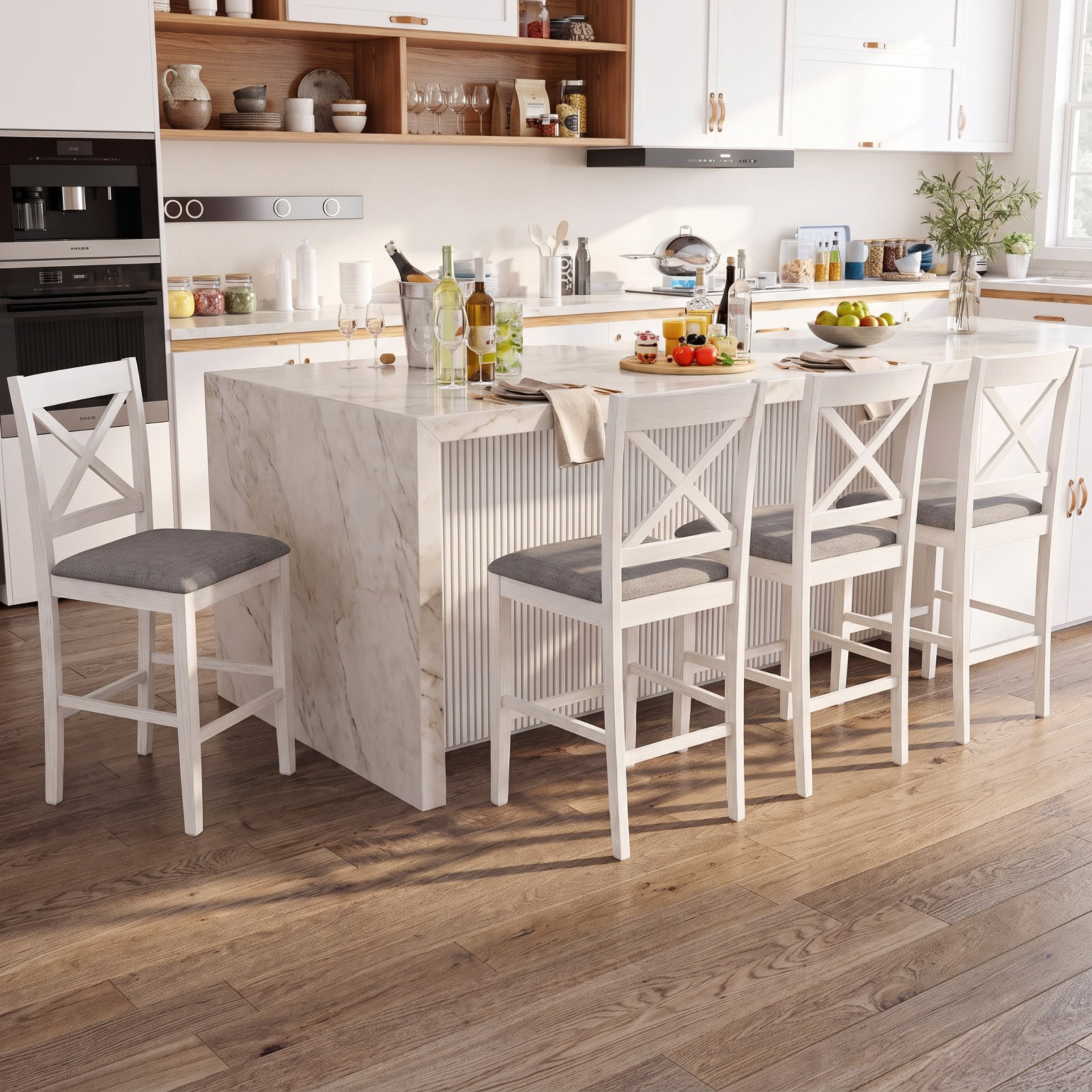 Furnibear Set of 2 X-Back Bar Stools with Upholstered Cushioned Seats for Kitchen Island Counter Bar Pub Dining Home, White