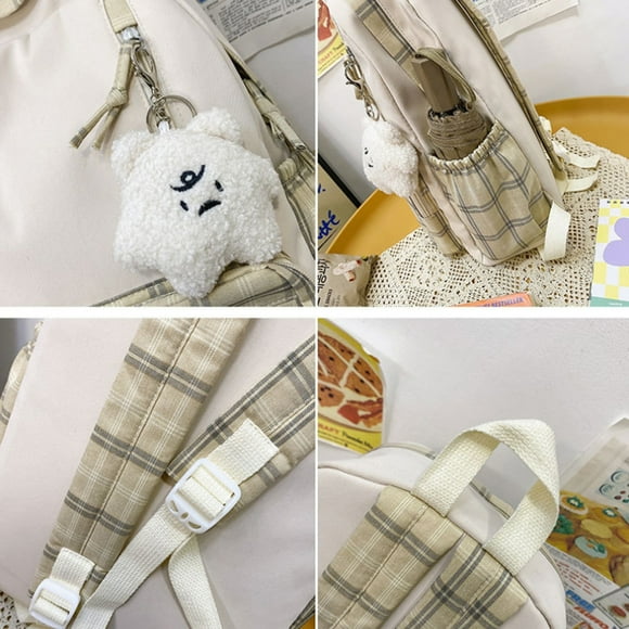 Cute Backpack Book Bag School Bag Travel Backpack Cute Plaid Backpack With Plush Pendant Lightweight Large Capacity Student Book Bag School Bag Casual Daypack For Outdoor Travel