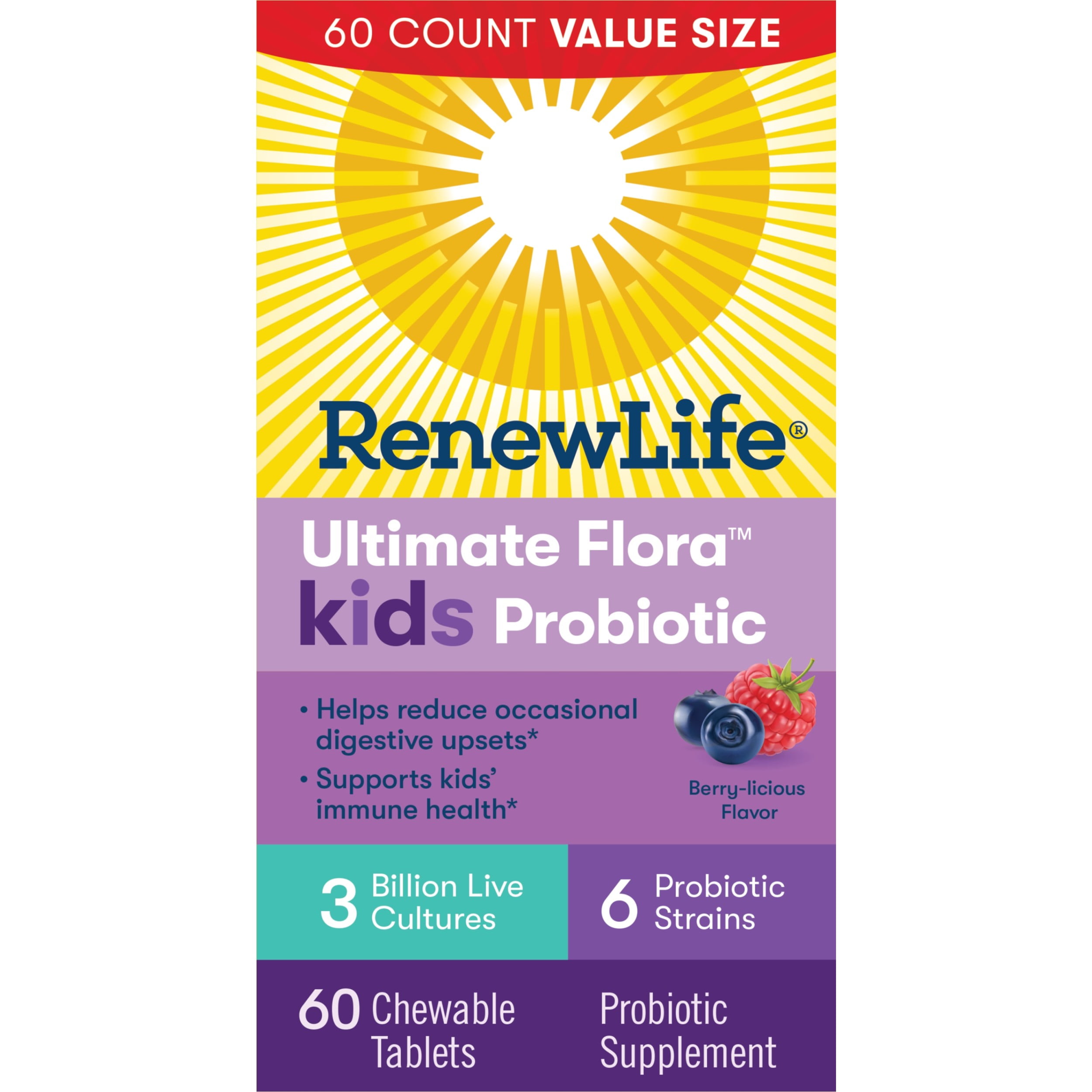 Renew Life Ultimate Flora Kids Probiotic, Berry, 3 Bn CFU, 60 Chewable Tablets