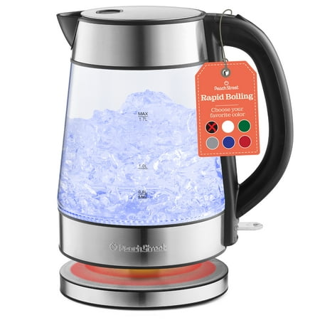 

Speed-Boil Water Electric Kettle 1.7L 1500W Coffee & Tea Kettle Borosilicate Glass Wide Opening Auto Shut-Off Cool Touch Handle LED Light. 360° Rotation Boil Dry Protection