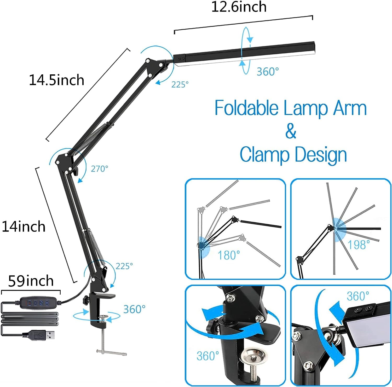 Jxr LED Desk Lamp, Swing arm Desk Light with clamp, 3 Lighting 10 Brightness Eye-Caring Modes, Reading Desk Lamps for Home Office 360 Degree Spin with USB Adapter & Memory Function