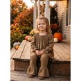 thumbnail image 4 of Happy Town Toddler Girl Fall Winter Outfits Smocked Puff Sleeve Top Ruffle Flare Pants Set Kids Casual Plaid 2-Piece Set, 4 of 8