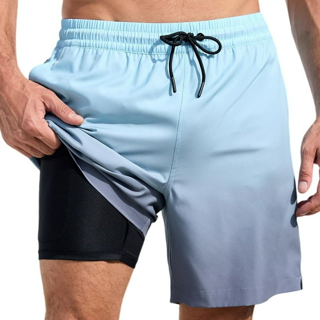 Ediodpoh Men Swim Shorts Summer Fashion Gradient Color Double Layer Swim Trunks with Pockets Swim Trunks for Men Light Blue_001 S
