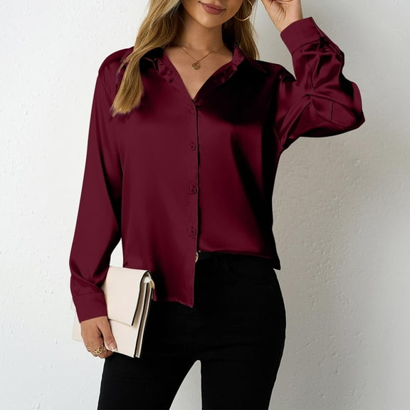 BLTIBY Womens Long Sleeve Shirts Spring Fall Lapel Solid Color Button Up Top Casual Fashion Lightweight Blouse Wine L