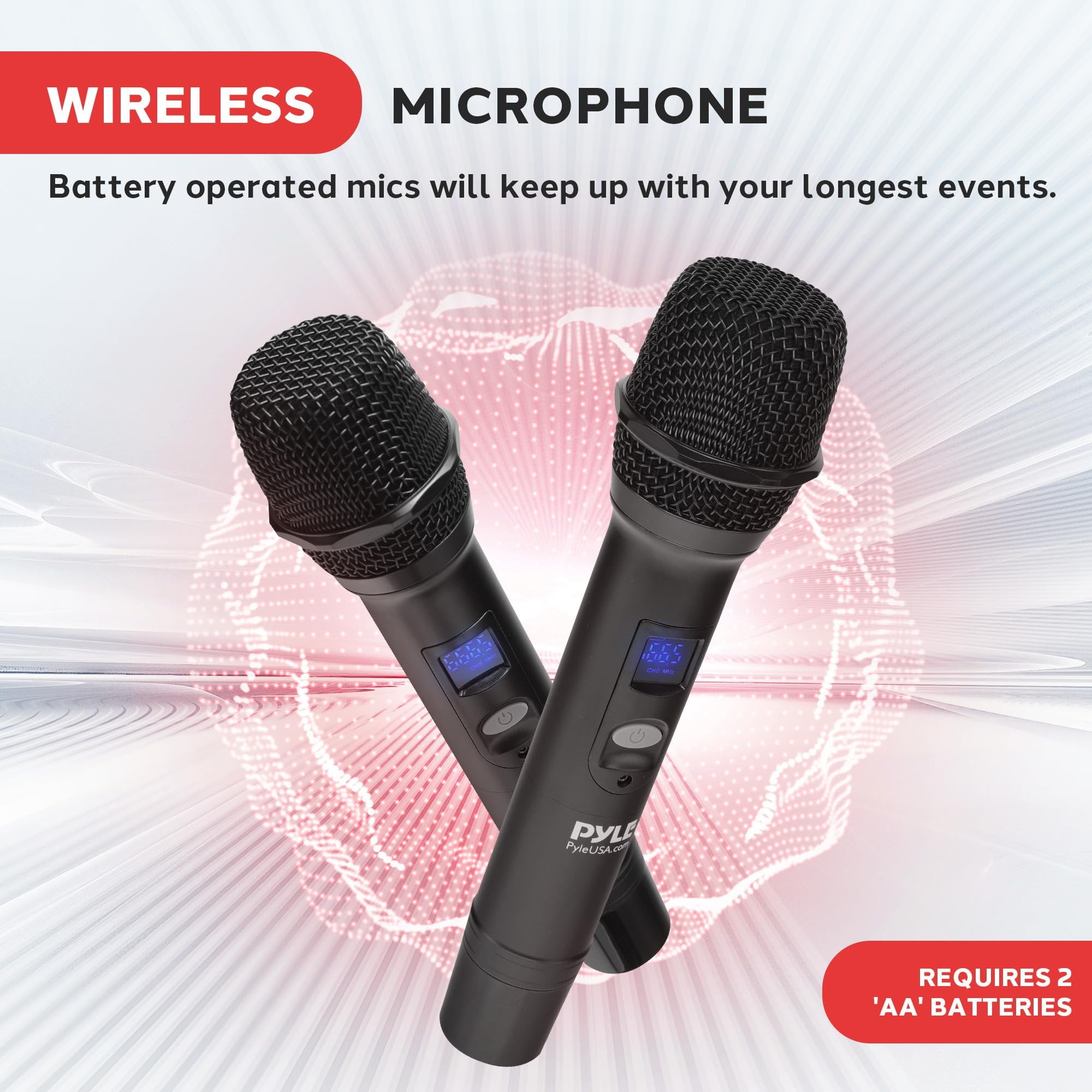 Pyle UHF Wireless Microphone System - Portable Digital Audio Sound Mixer Receiver w/ Bluetooth, 2 Handheld Mic, Receiver Base, Addressable Frequency, Great For Home Karaoke & Professional Use, Black