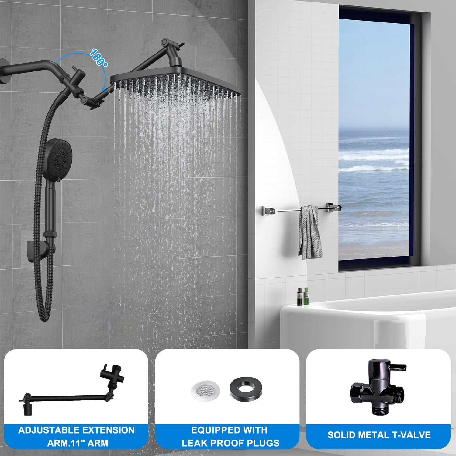 ARDIKAMA Dual Shower Head Combo, High Pressure 12'' Adjustable Extension Arm Rainfall Stainless Steel Showerhead with ON/OFF Pause Switch with Hose, Adhesive Rain Shower Head Holder (Matte Black)