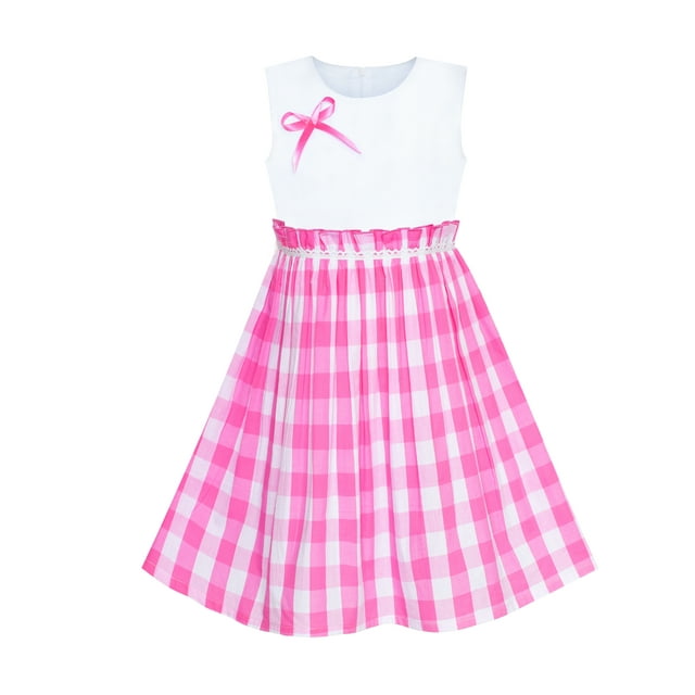 Robe Fille Rose Tartan à Carreaux Robe d'Été Dos École 4-5 Ans