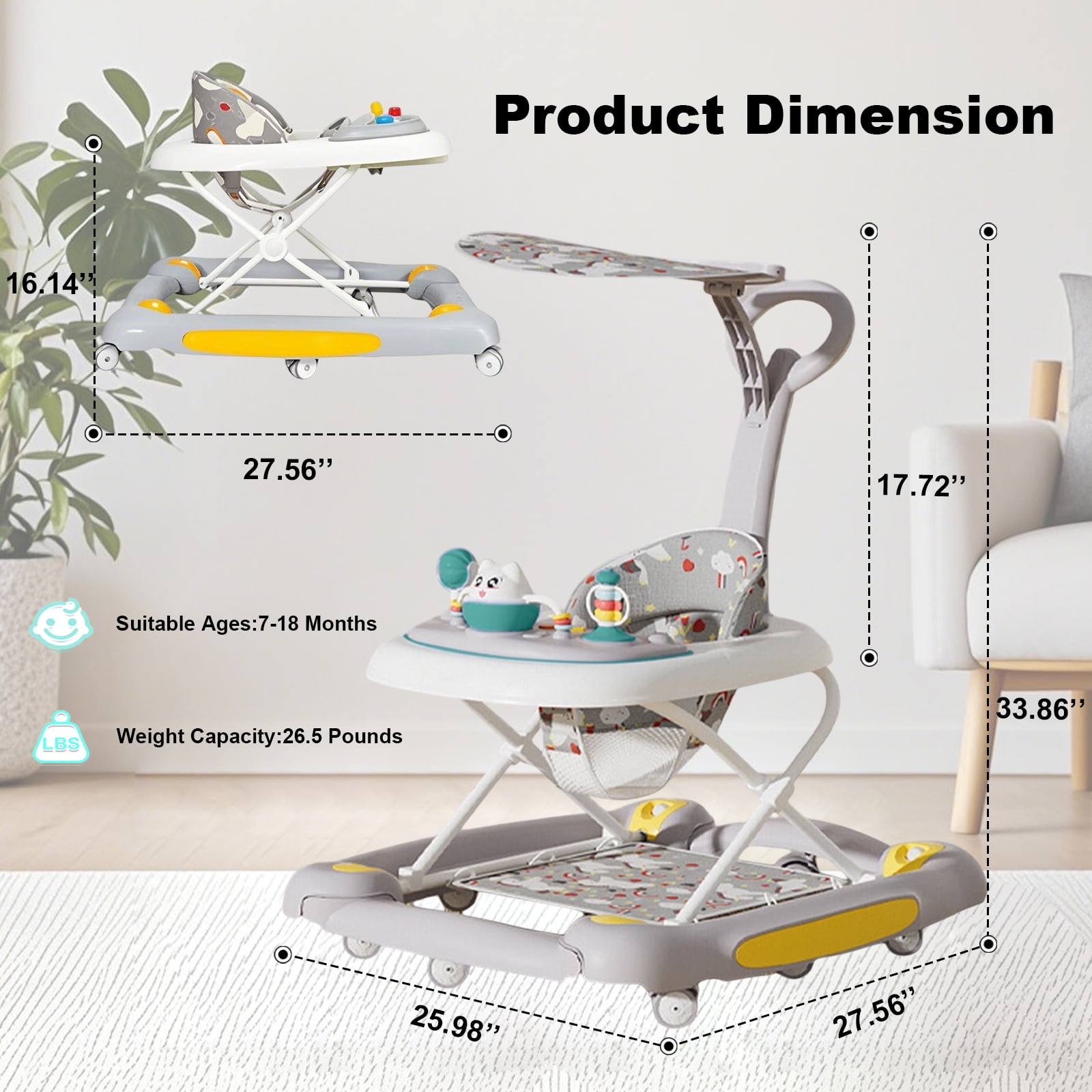 HDUTNGISN Gray 6-in-1 Foldable Baby Walker for 6-24 Months,Bouncer,Tray & Music