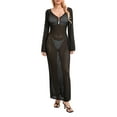 thumbnail image 2 of Kmbangi Femmes Longue Robe en Tricot Couleur Unie Évider Profond V-Cou à Manches Longues Robe Bodycon Tomber Robe de Vacances Sans Dos, 2 of 9