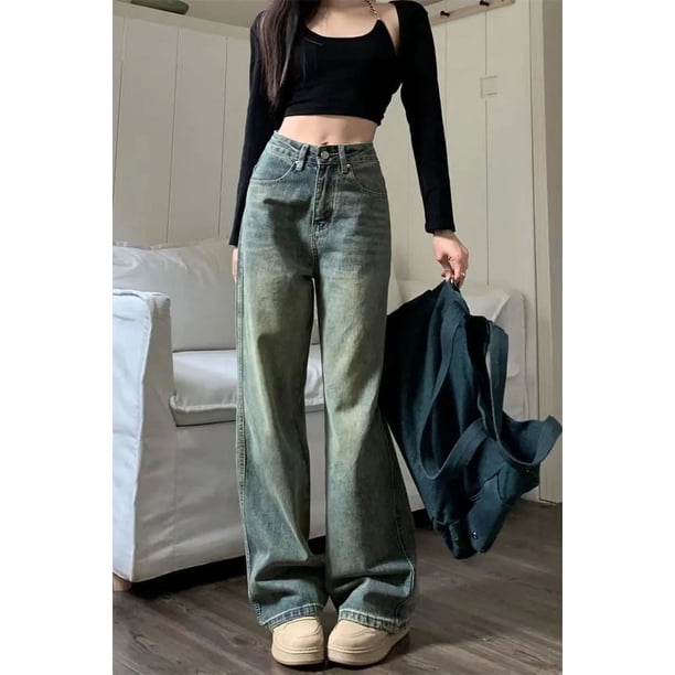 Pantalones vaqueros holgados de pierna ancha para mujer, ropa de calle informal, pantalones de mezclilla lavados que combinan con todo, Pantalones rectos de cintura alta de los años 90, Vintage, Y2K