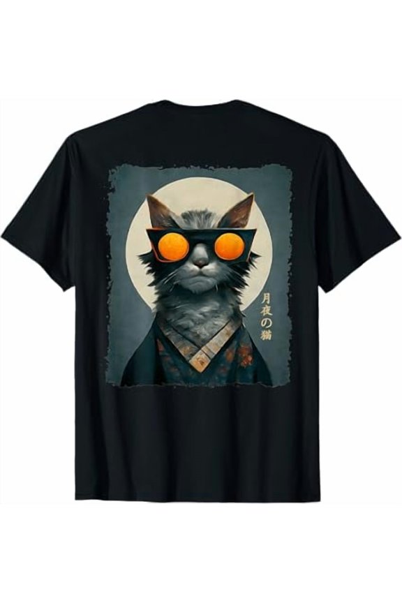 Cat Wearing Kimono Japanese Art Kanji Design Unisex T-Shirt with Back Print up to size 5XL