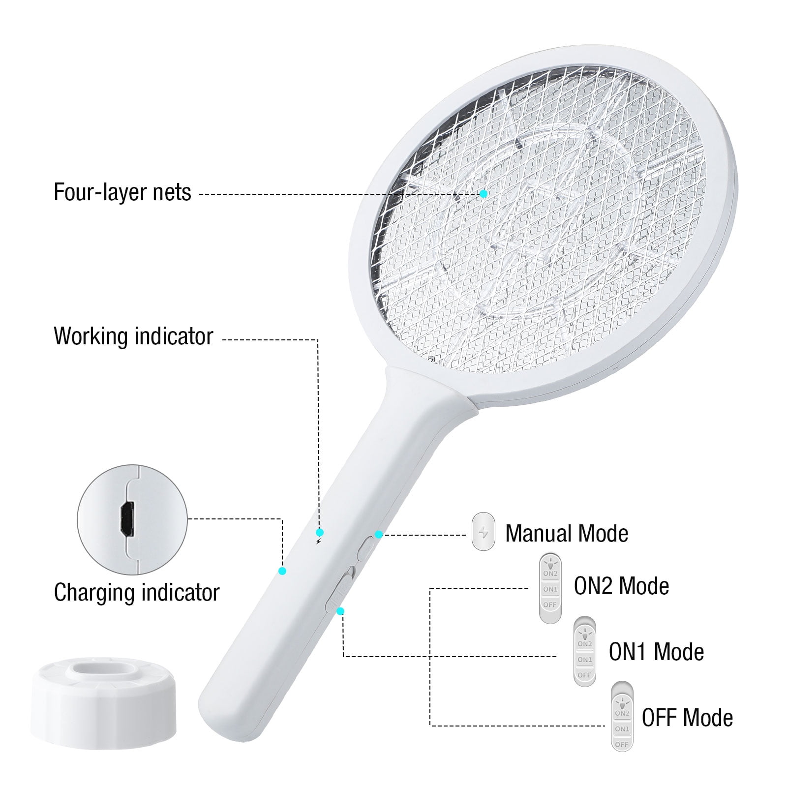 Electric Fly Swatter 3000V Bug Zapper Racket Dual Modes Mosquito Killer with Purple Mosquito Light Rechargeable for Indoor Home Office Backyard Patio Camping (White)