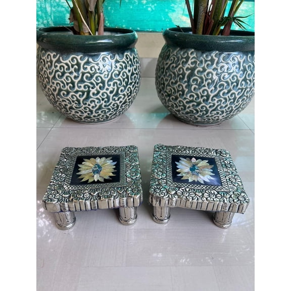German silver mother of pearl chowkis for pooja and gifting, 1 piece