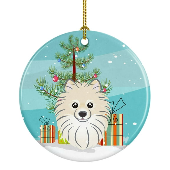 Christmas Tree and Pomeranian Ceramic Ornament