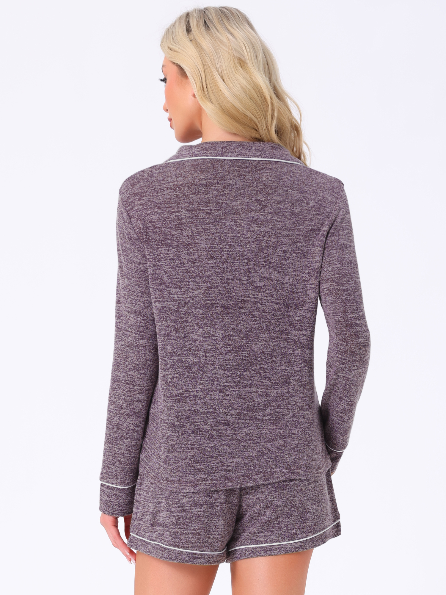 DARING DIVA Lounge Set Soft Button Up Notch Collar Long Sleeve Shorts Set L Purple