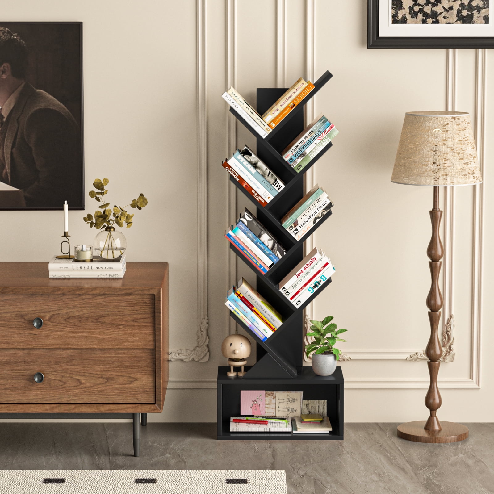 Modern Tree Bookshelf 8 Tier Zigzag Bookcase with Drawer, Vertical Storage Shelf for Books & Décor, Space-Saving Design, Black