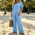 thumbnail image 5 of Two Piece Lounge Sets for Women Fashion Buttons Side Slit Solid Color Round Neck Short Sleeve Tops Elastic Waist Pants Sets Lounge Sets Wide Leg Pants Sets with Pockets, 5 of 7