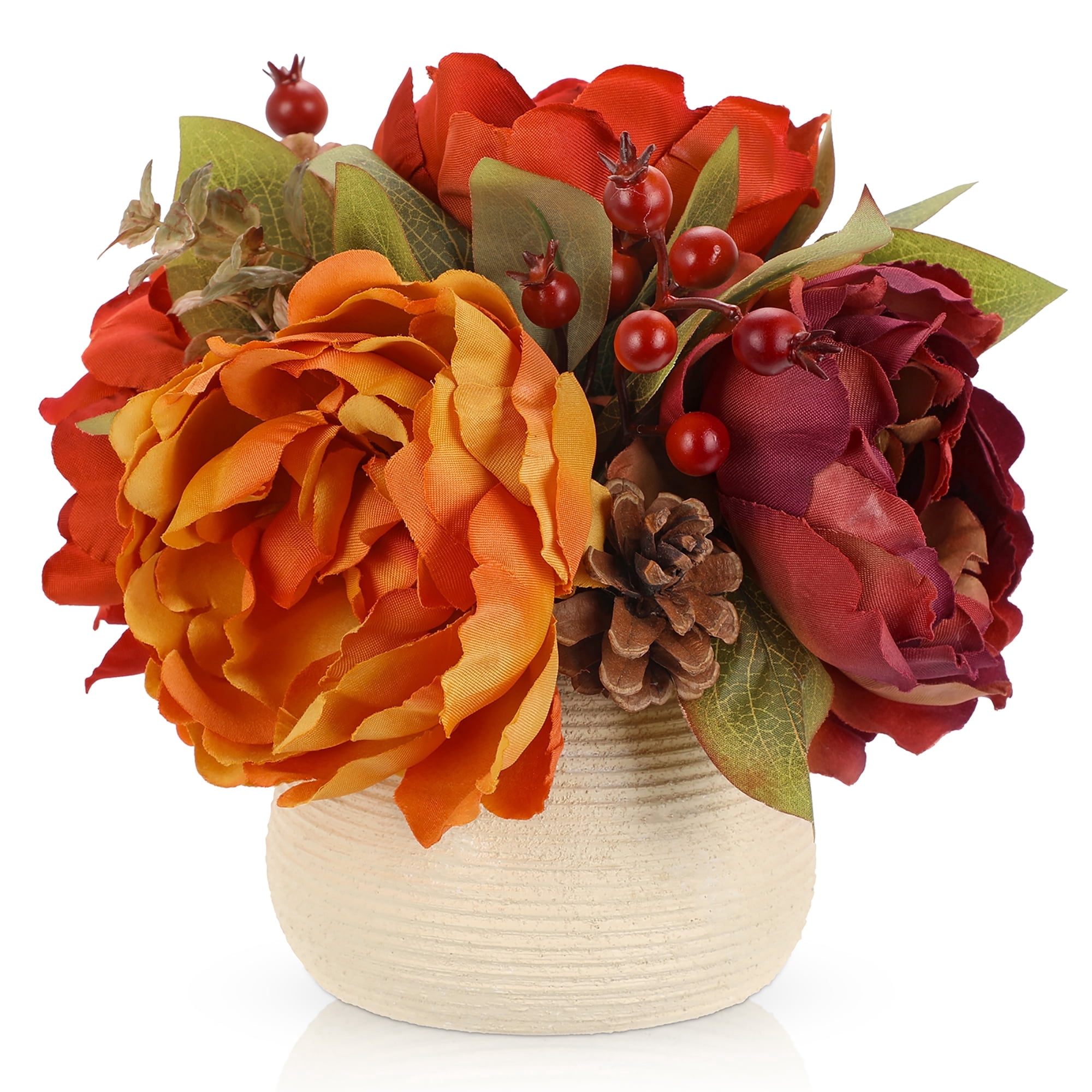 Briful Peonies Artificial Flowers in White Vase Small Fall Floral Arrangements with Vase Orange Autumn Table Centerpieces Home Decoration