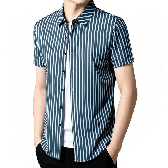 IWRICH Strip Shirts for Men Short Sleeve Button down Shirt Casual Formal Business Regular Fit Shirts with Pocket Sky Blue XL