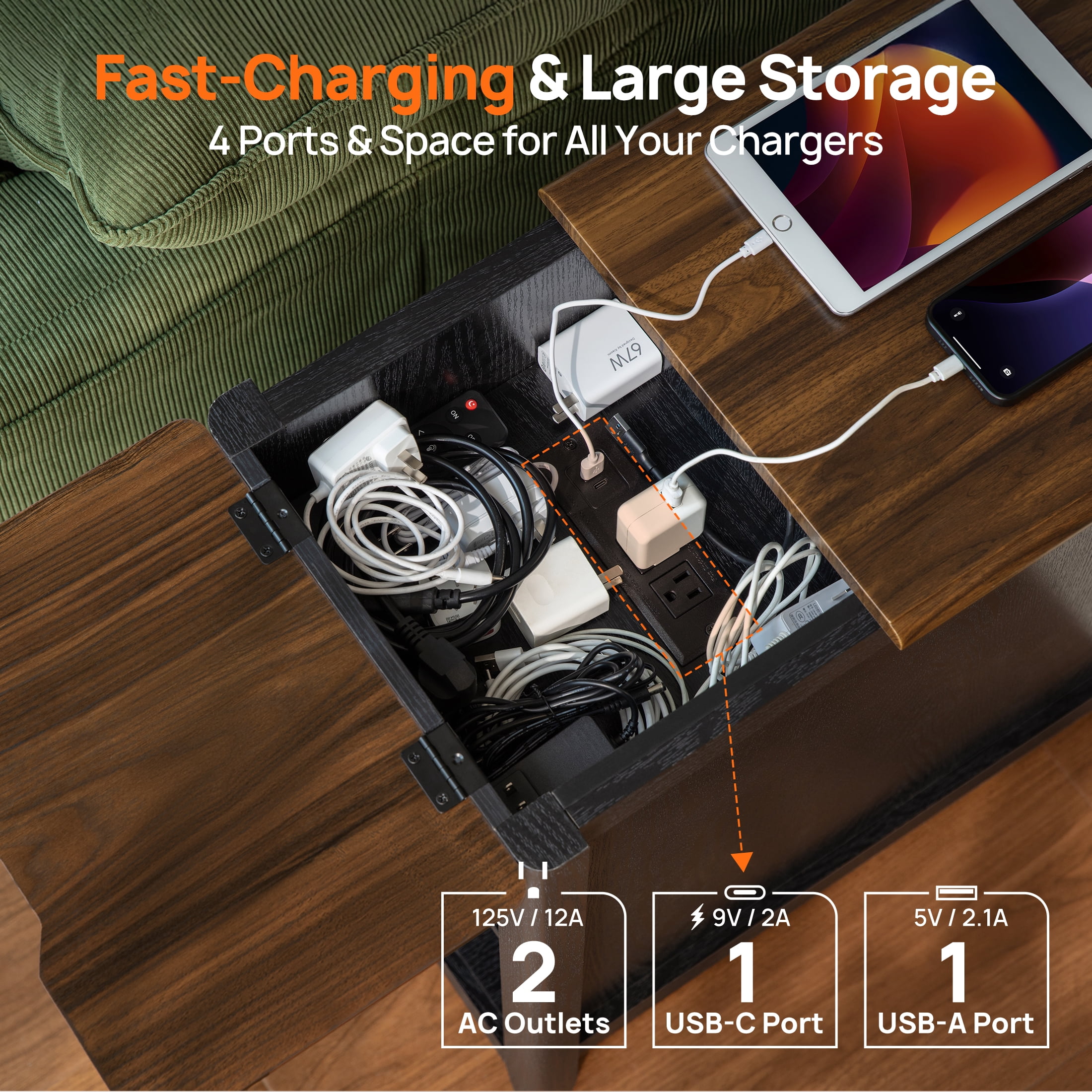 CHIC HOUSE End Tables for Living Room with Charging Station Wheels, Farmhouse Nightstand for Bedroom with Drawer Storage, Wheeled Narrow Side Tables Accent Tables Small Tables for Small Space, Black
