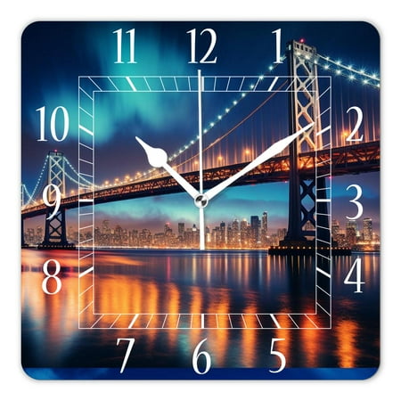 14 Inch Wall Clock Battery Operated Square Clock Decorative for Office, Kitchen, Outdoor, Living Room，New York City Bridge Sunset Cityscape Beautiful