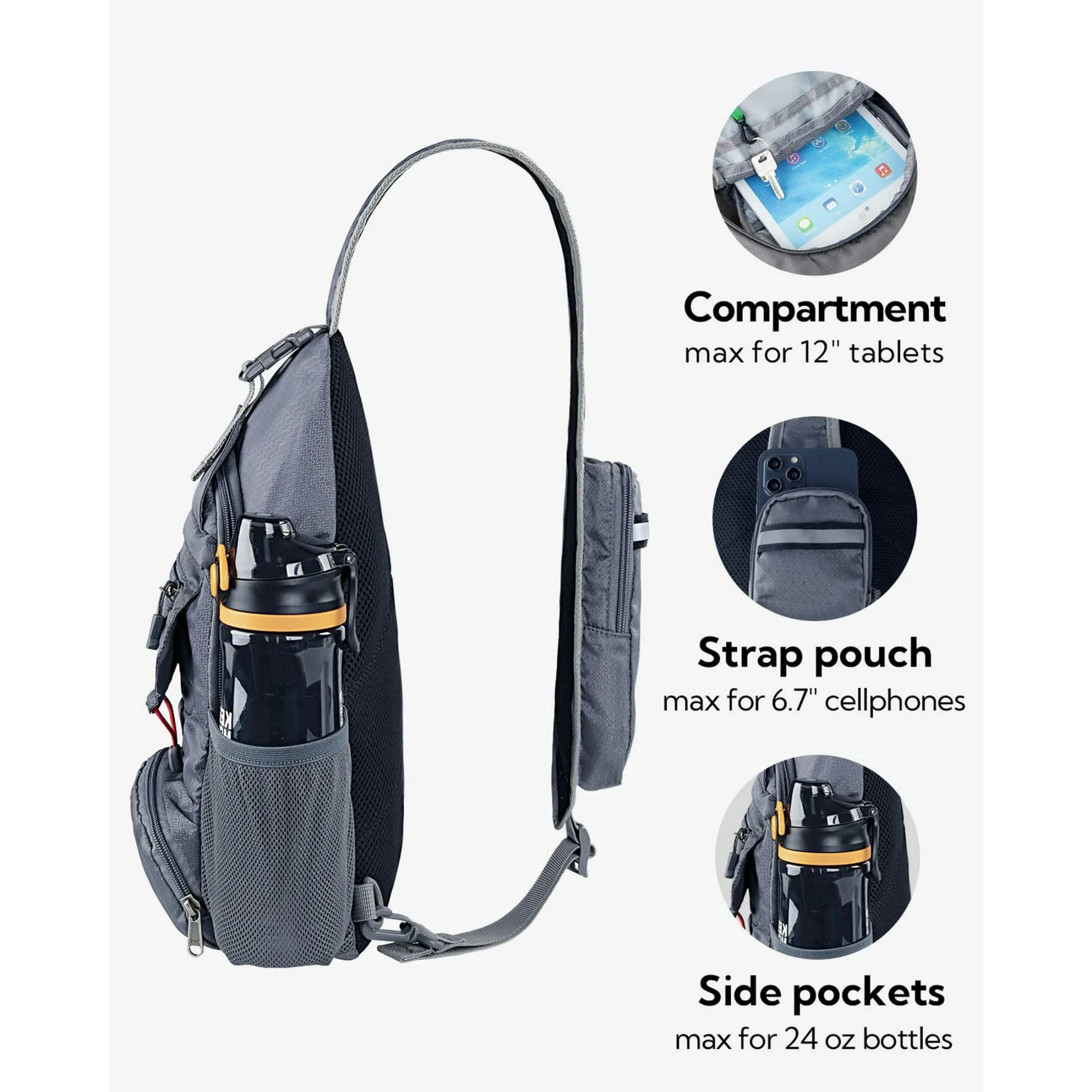WATERFLY Unisex Small Packable Hiking Travel Sling Bag Cross-Body Shoulder Chest Bag,Gray