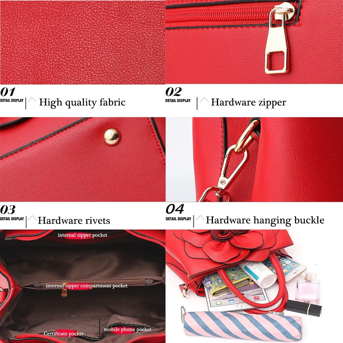 Womens PU Leather Handbags Purses Top-handle Totes Satchel Shoulder Bag for Ladies with Big flower