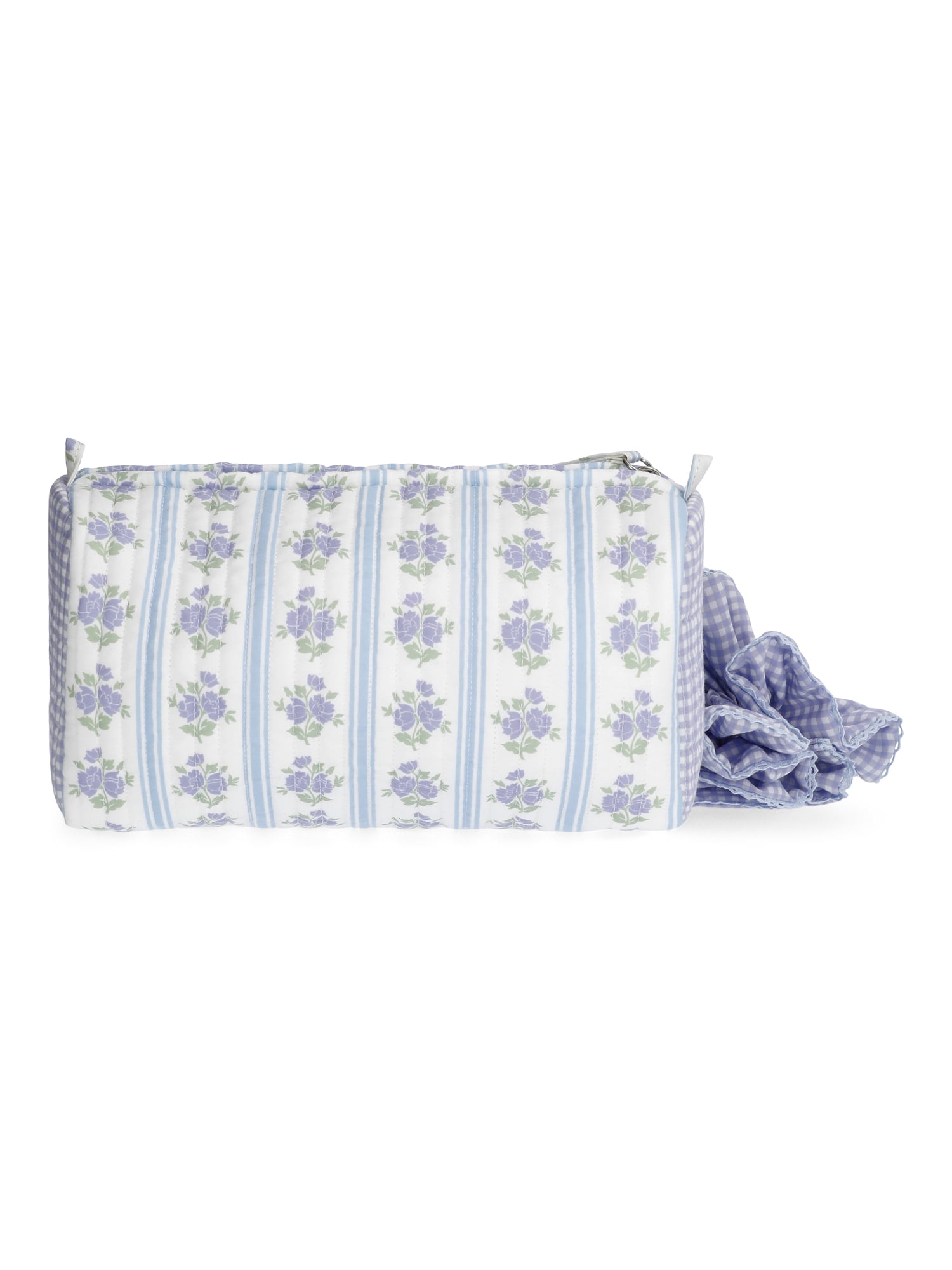 No Boundaries Women's Quilted Pouch and Hair Scrunchie Set, 2-Piece, Sky and Lilac Sea Floral/Gingham