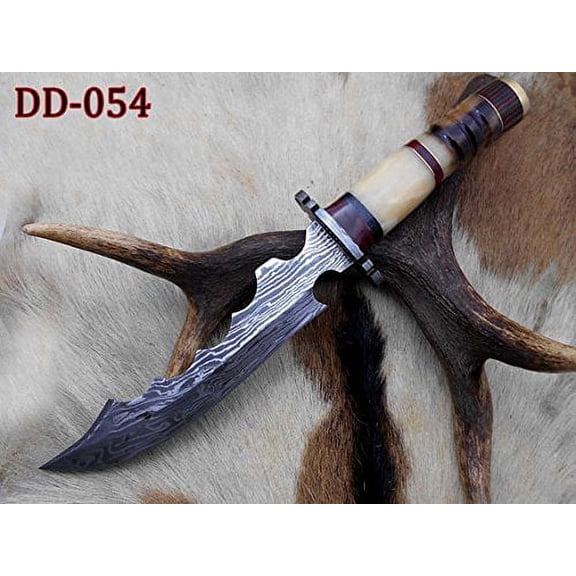 13 Inches Damascus Steel hunting Knife with finger guard custom made Hand Forged 7.5" long blade Ram horn Camel bone scale leather sheath