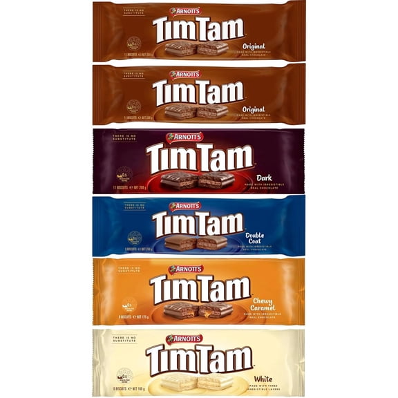 Arnott’s Tim Tam Chocolate Biscuits – 6-Pack Assortment: 2 Original, 1 Dark, 1 Double Coat, 1 Chewy Caramel, 1 White – Made in Australia