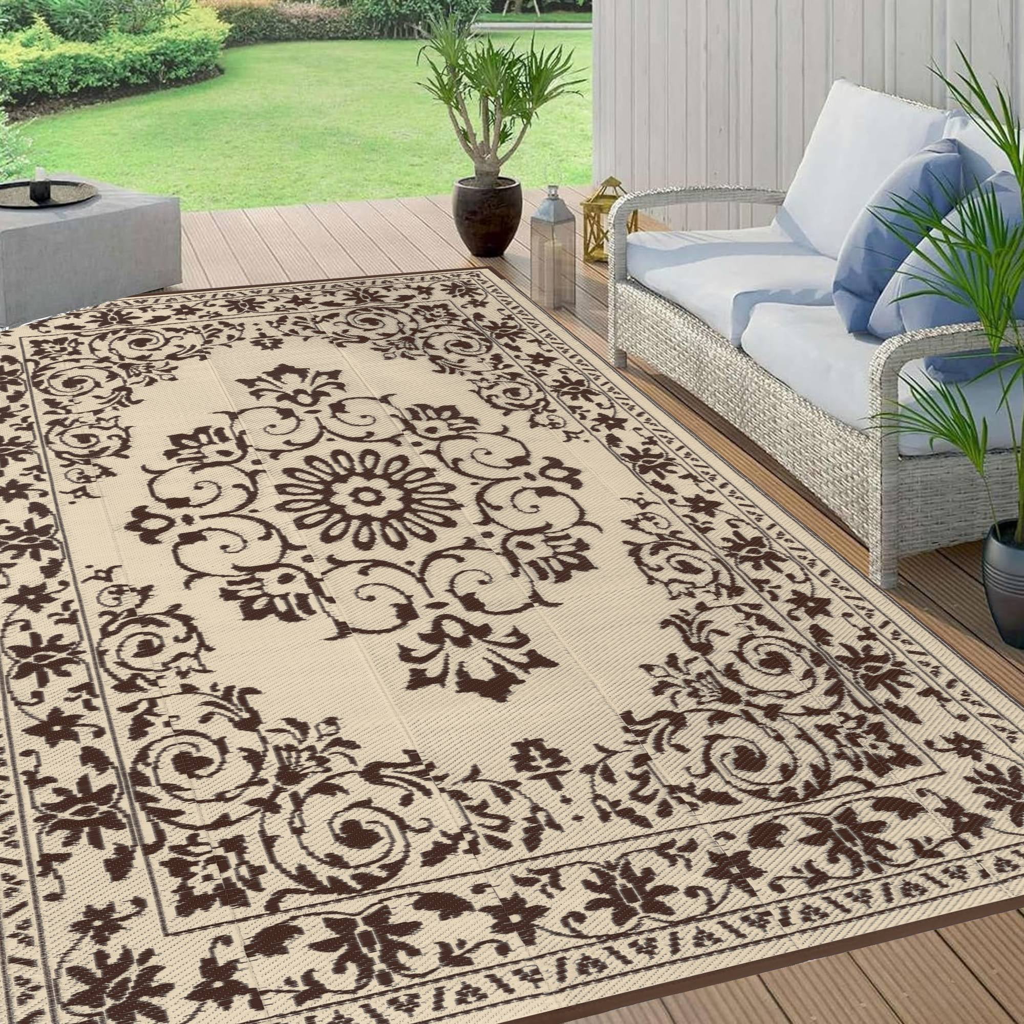 Findosom 8'x10' Boho Mandala Outdoor Rug Patio Rug Large Reversible Plastic Straw Rug RV Outdoor Mat Waterproof Foldable Portable Camping Mat for RV,Patio,Backyard,Deck,Picnic,Beach Brown