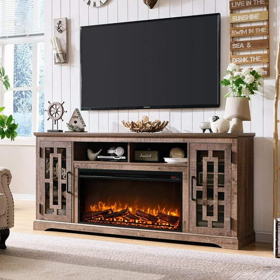 T4TREAM 70" Fireplace TV Stand for 75 80 inch TV, Farmhouse Highboy Entertainment Center for Living Room, Rustic Brown