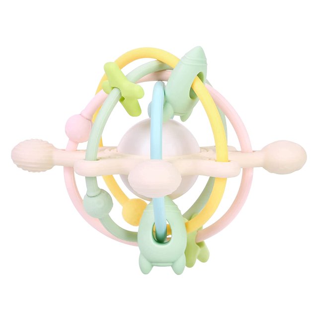 Juguete para la dentición del bebé para bebés de 3 a 12 meses, juguetes de silicona para morder con sonajero, juguete mordedor sensorial, juguetes para masticar para aliviar la dentición, sin BPA, bla
