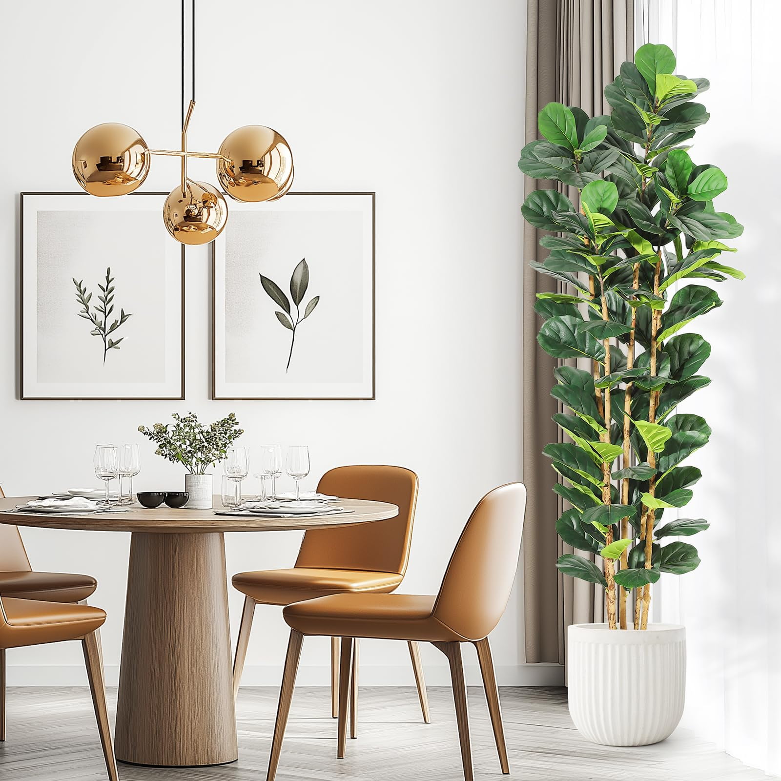 Gaderth Artificial Fiddle Leaf Fig Tree with White Planter, Fake Plant with Natural Wood Trunk, Faux Ficus Tree Potted Moss for Home Office Living Room Decor,5/6/7ft