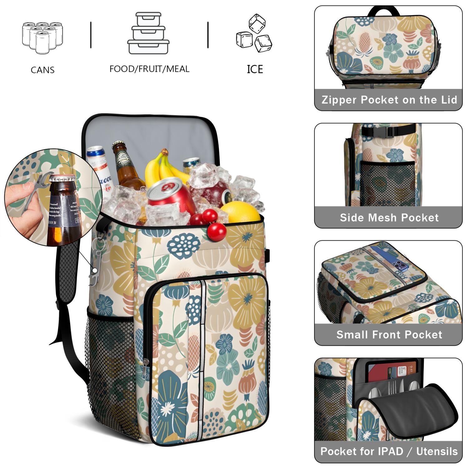 Travel Cooler Bag - Boho Bohemia Flower Camping Beer Cooler Backpack with Bottle Opener- Waterproof Insulated Picnic Backpacks - Cooler Bag for Beach