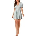 thumbnail image 2 of INSPIRE CHIC Women's Floral Print V Neck Puff Short Sleeves Casual Mini Dress S Blue, 2 of 7