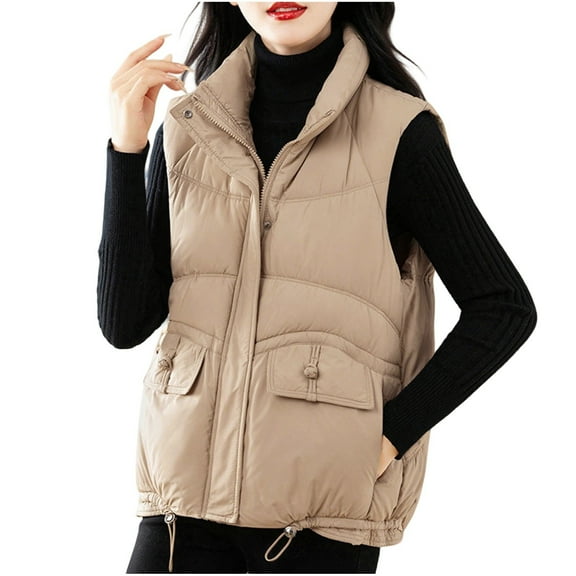 Htigea Puffer Vest for Women Stand Collar Full Zip Sleeveless Jackets Lightweight Quilted Padded Warm Coat with Pockets Khaki M