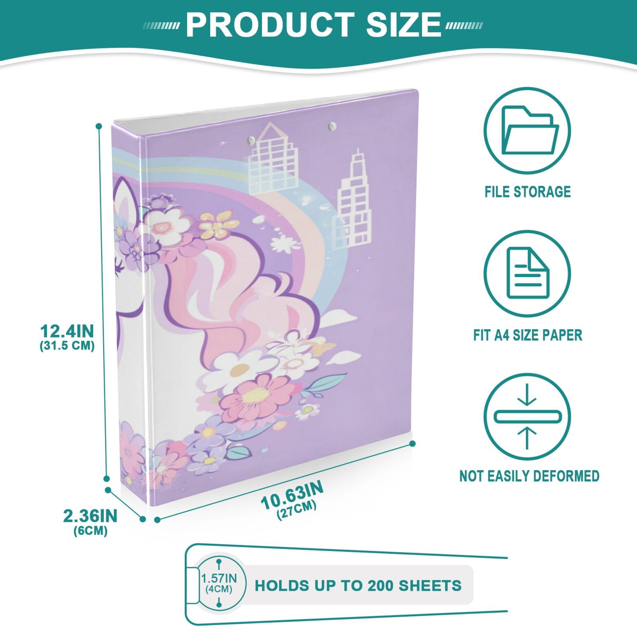 WOBOGO Cute Unicorn Purple Pattern File Folders Extra Large Capacity to Hold 200 Sheets of Documents Hard Shell Ring Binder for School Home Office