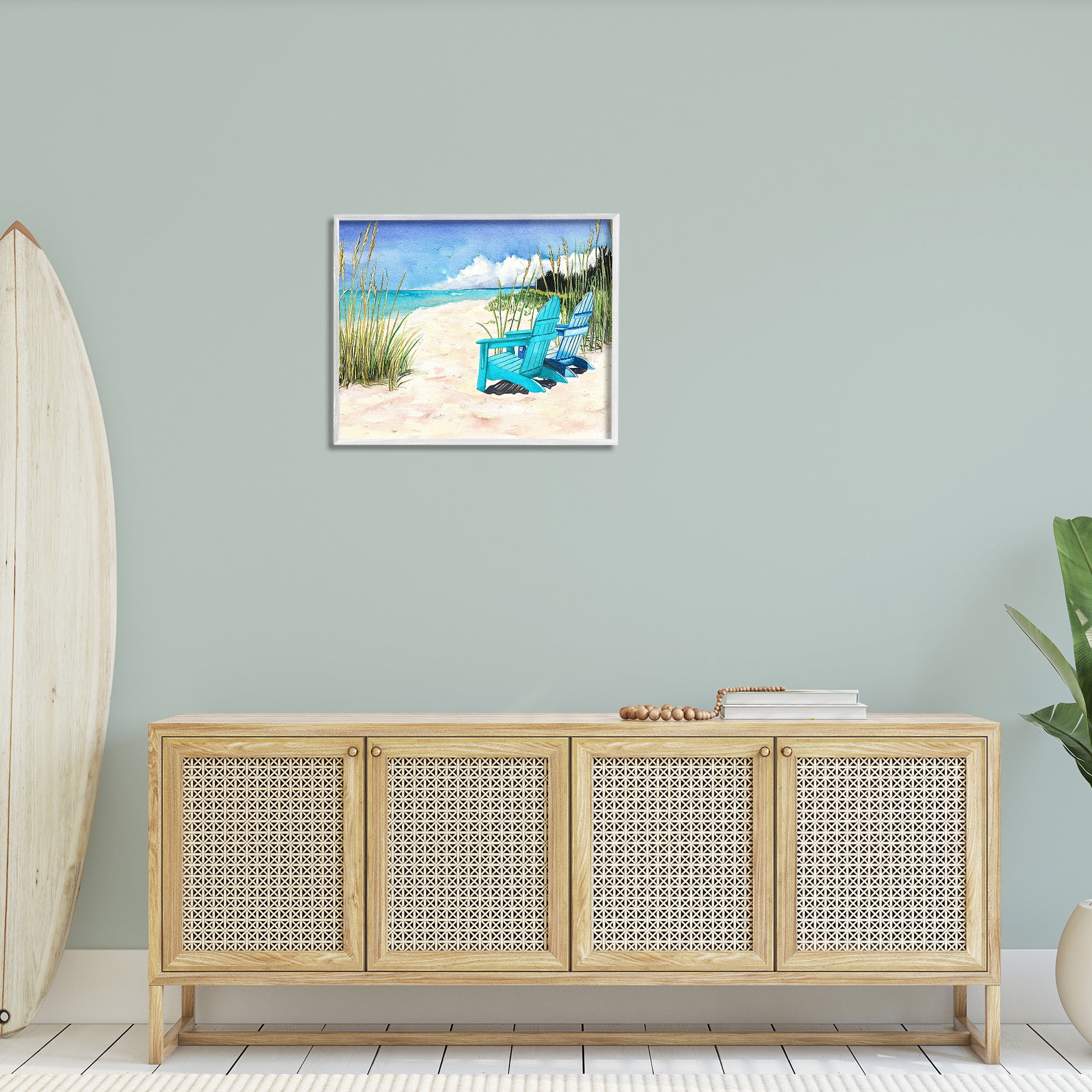 Stupell Industries Blue Beach Chairs Scene Landscape Painting White Framed Art Print Wall Art, 30 x 24