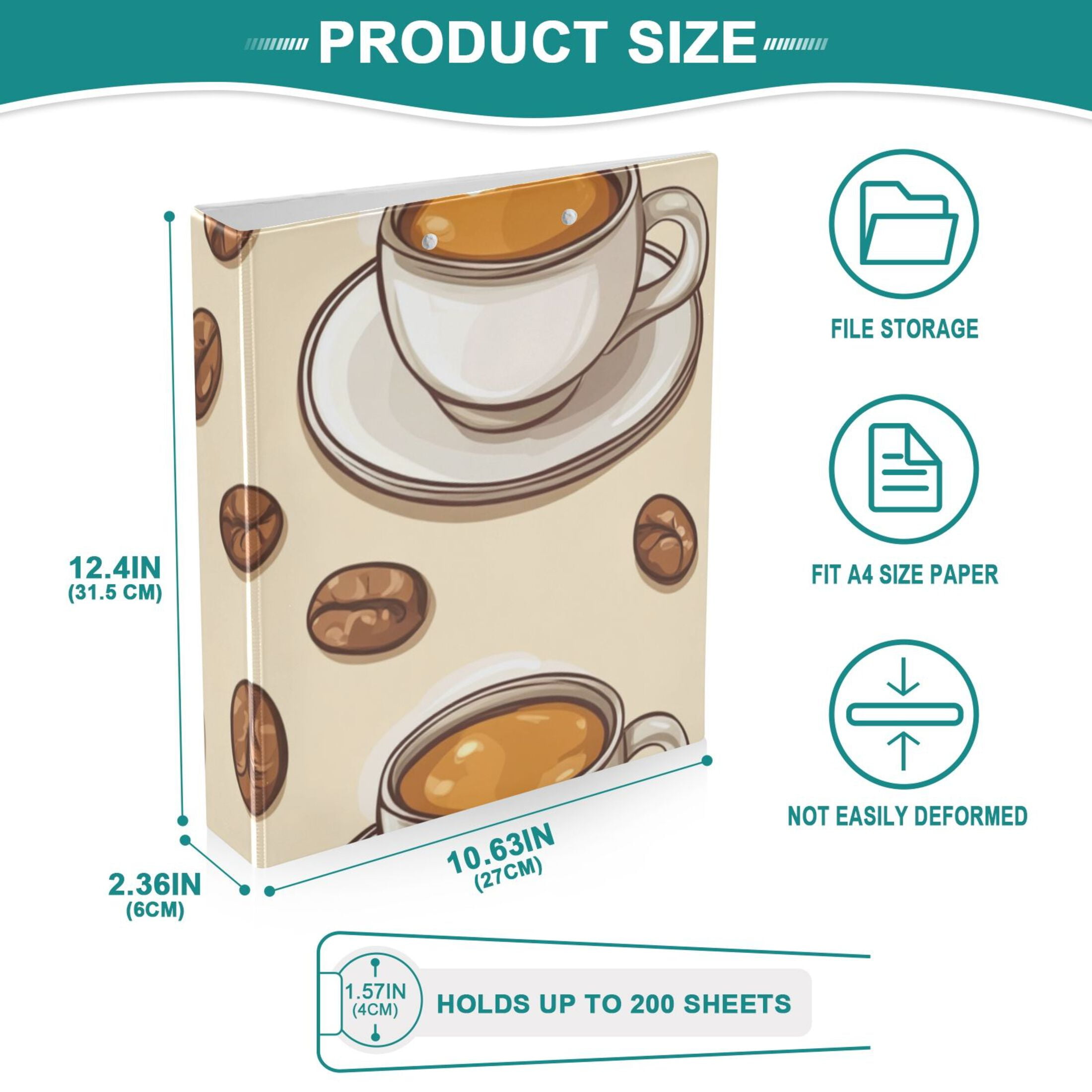 Latte and Coffee Beans 3 Ring Binders 1.5 inch Hardcover File Folders with Interior Pockets A4 Size Organizer for School Office Hospital